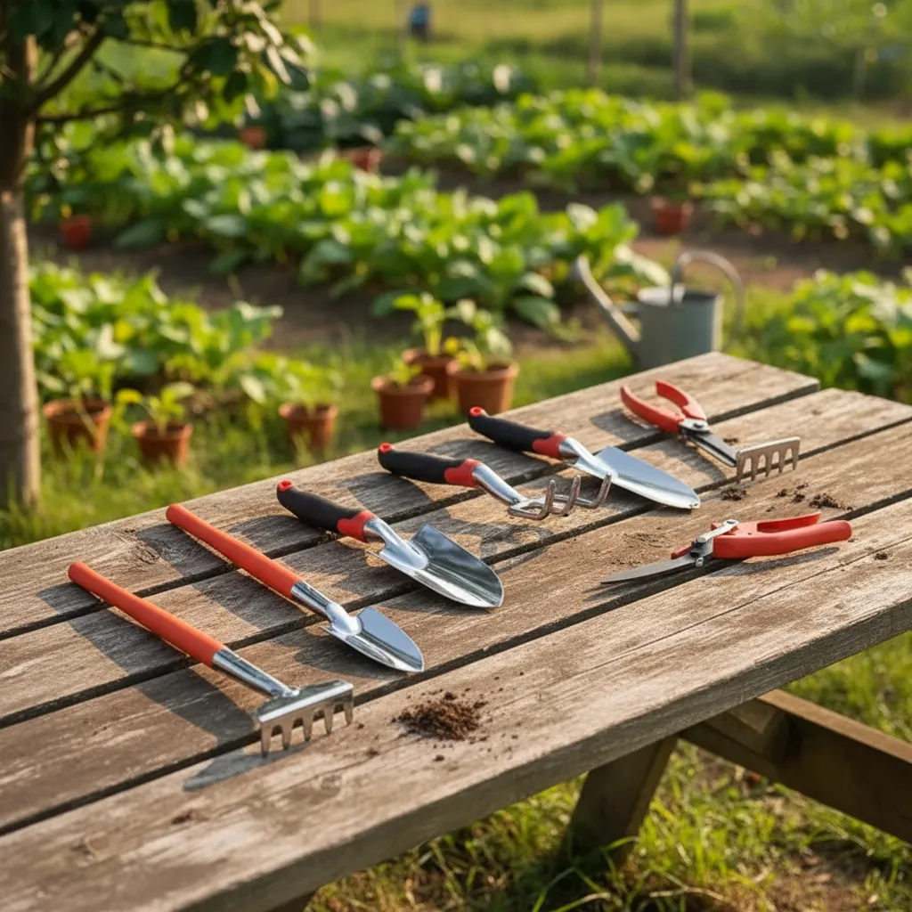 Herramientas de jardinería sobre mesa para huerta
